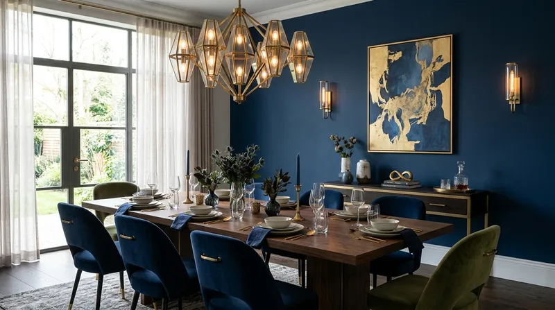 Salle à manger sophistiquée avec mur bleu nuit et mobilier sombre