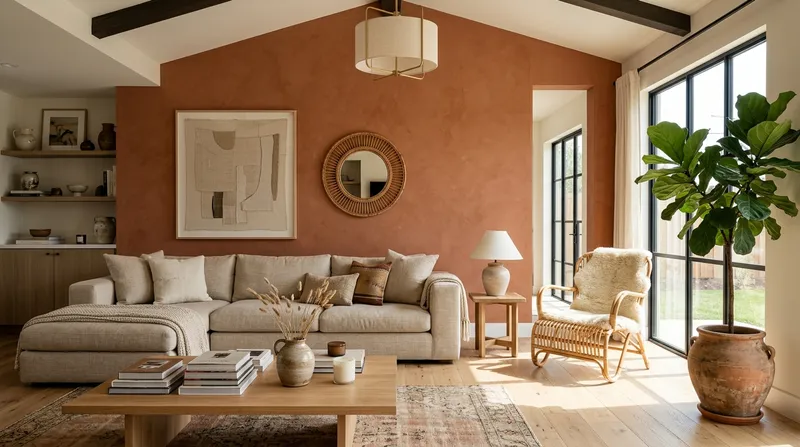 Salon moderne avec mur d'accent en terracotta
